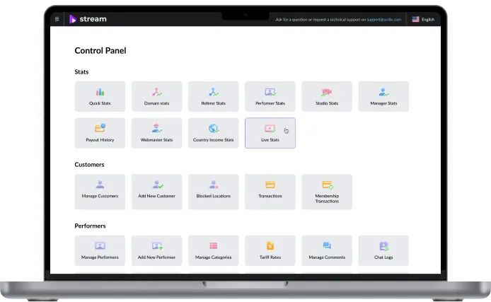 Scrile Stream adult webcam software admin dashboard for managing models, studios, earnings and payouts